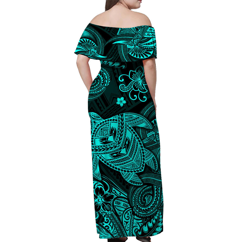 Hawaii Turtle Polynesian Off Shoulder Long Dress Plumeria Flower Unique Style Turquoise