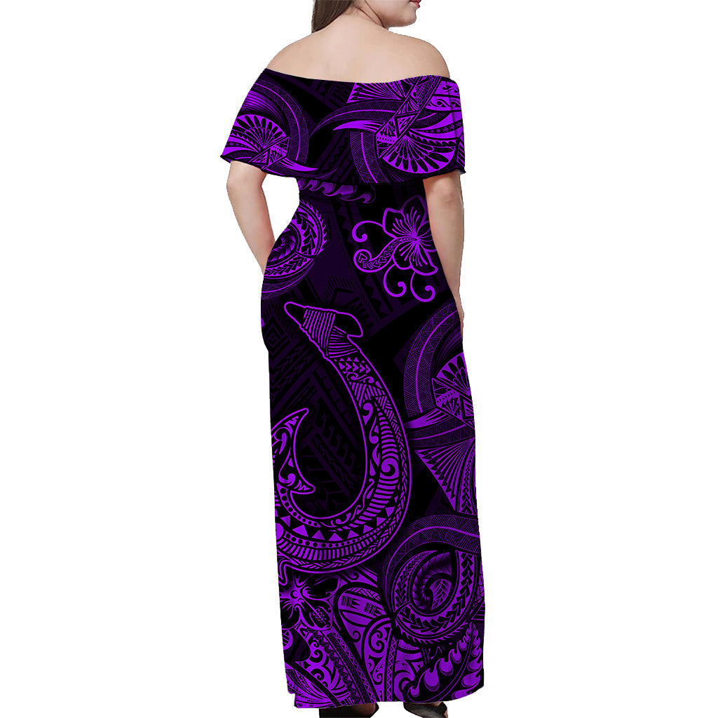 Hawaii Fish Hook Polynesian Off Shoulder Long Dress Unique Style Purple