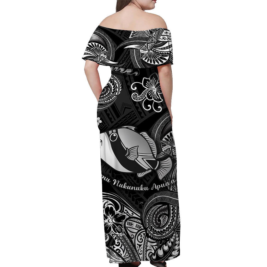 Hawaii State Fish: Humuhumu Nukunuku Apuaa Polynesian Off Shoulder Long Dress Unique Style Black