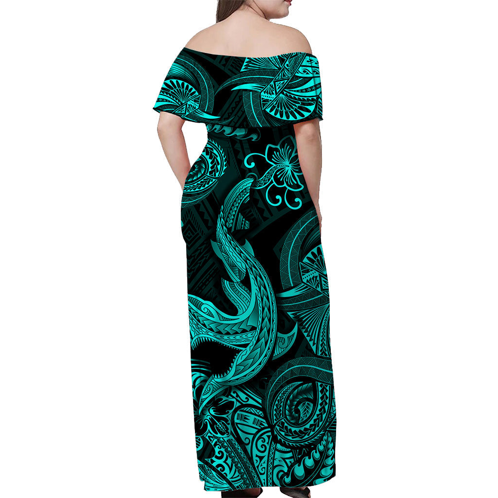 Hawaii Angry Shark Polynesian Off Shoulder Long Dress Unique Style Turquoise