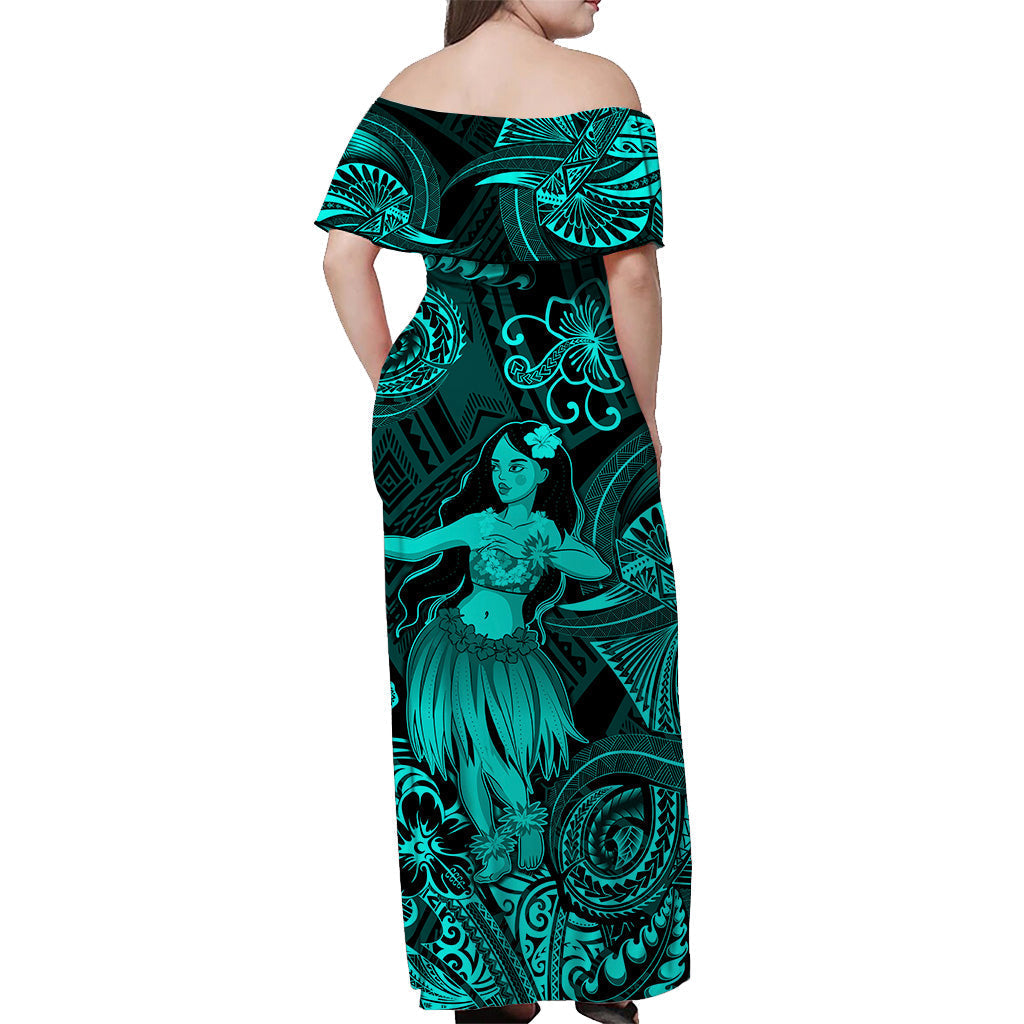 Hawaii Hula Girl Polynesian Off Shoulder Long Dress Unique Style Turquoise