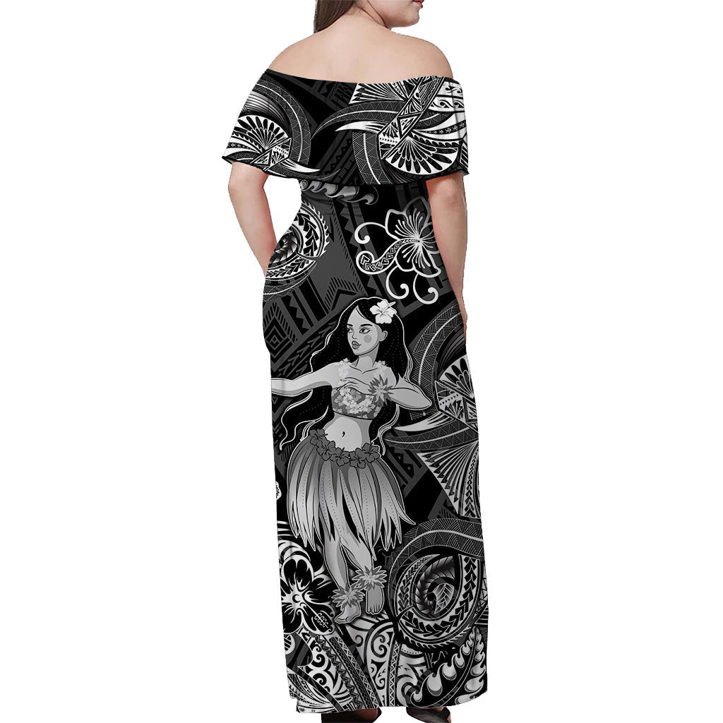 Hawaii Hula Girl Polynesian Off Shoulder Long Dress Unique Style Black