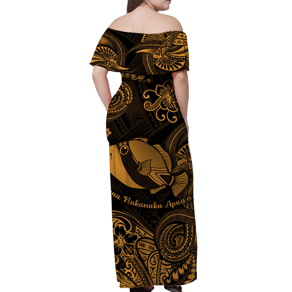 Hawaii State Fish: Humuhumu Nukunuku Apuaa Polynesian Off Shoulder Long Dress Unique Style Gold