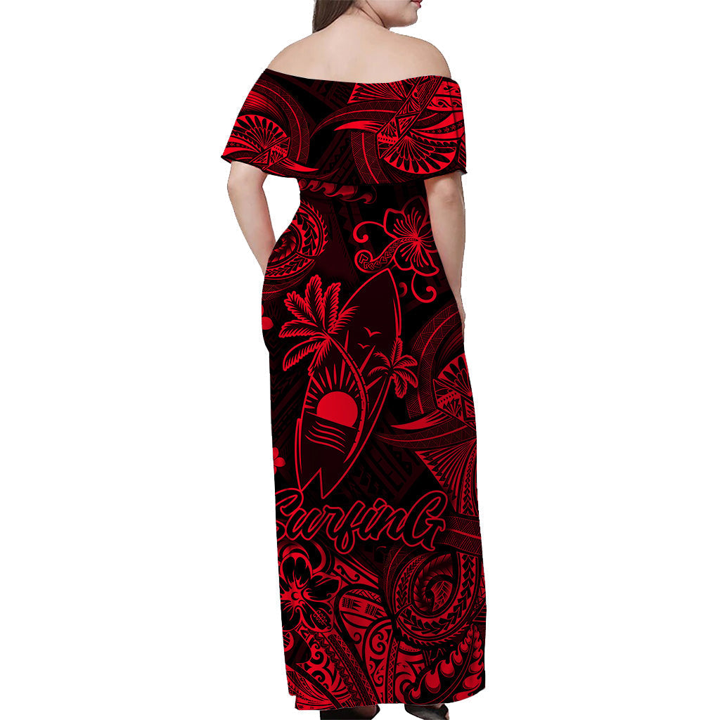 Hawaii Surfing Polynesian Off Shoulder Long Dress Unique Style Red