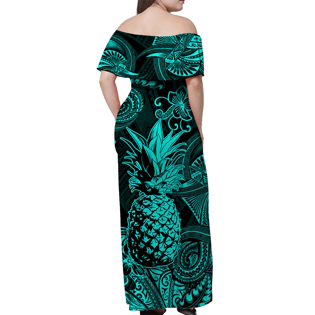 Hawaii Pineapple Polynesian Off Shoulder Long Dress Unique Style Turquoise