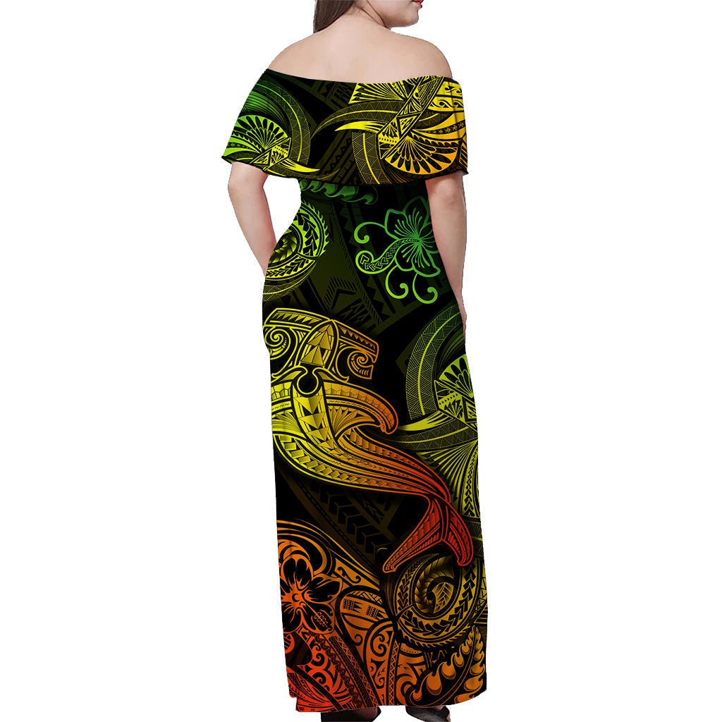 Hawaii Hammer Shark Polynesian Off Shoulder Long Dress Unique Style Reggae