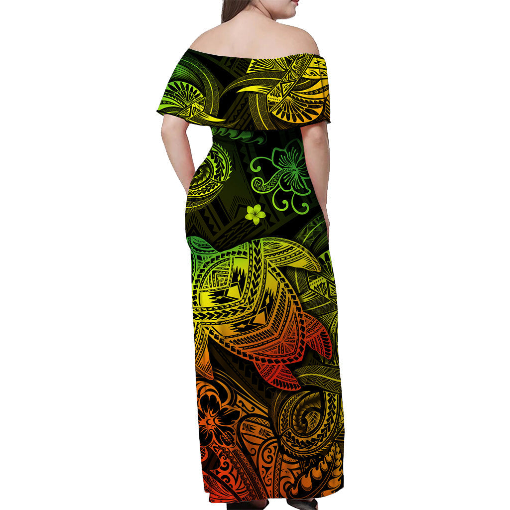 Hawaii Turtle Polynesian Off Shoulder Long Dress Plumeria Flower Unique Style Reggae