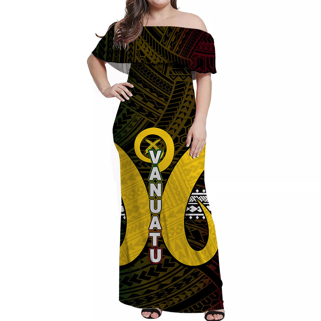 Vanuatu Off Shoulder Long Dress Polynesian Patterns Mix Pig Tusk