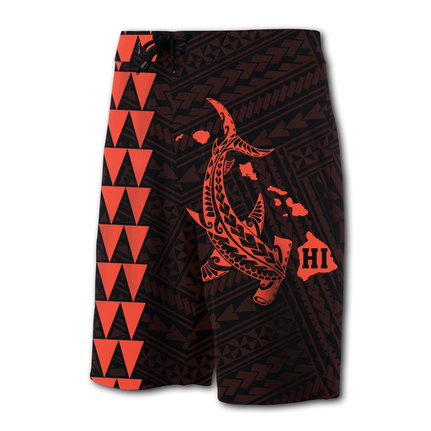 Hawaii Kakau Polynesian Hammerhead Shark Map Board Shorts - Orange