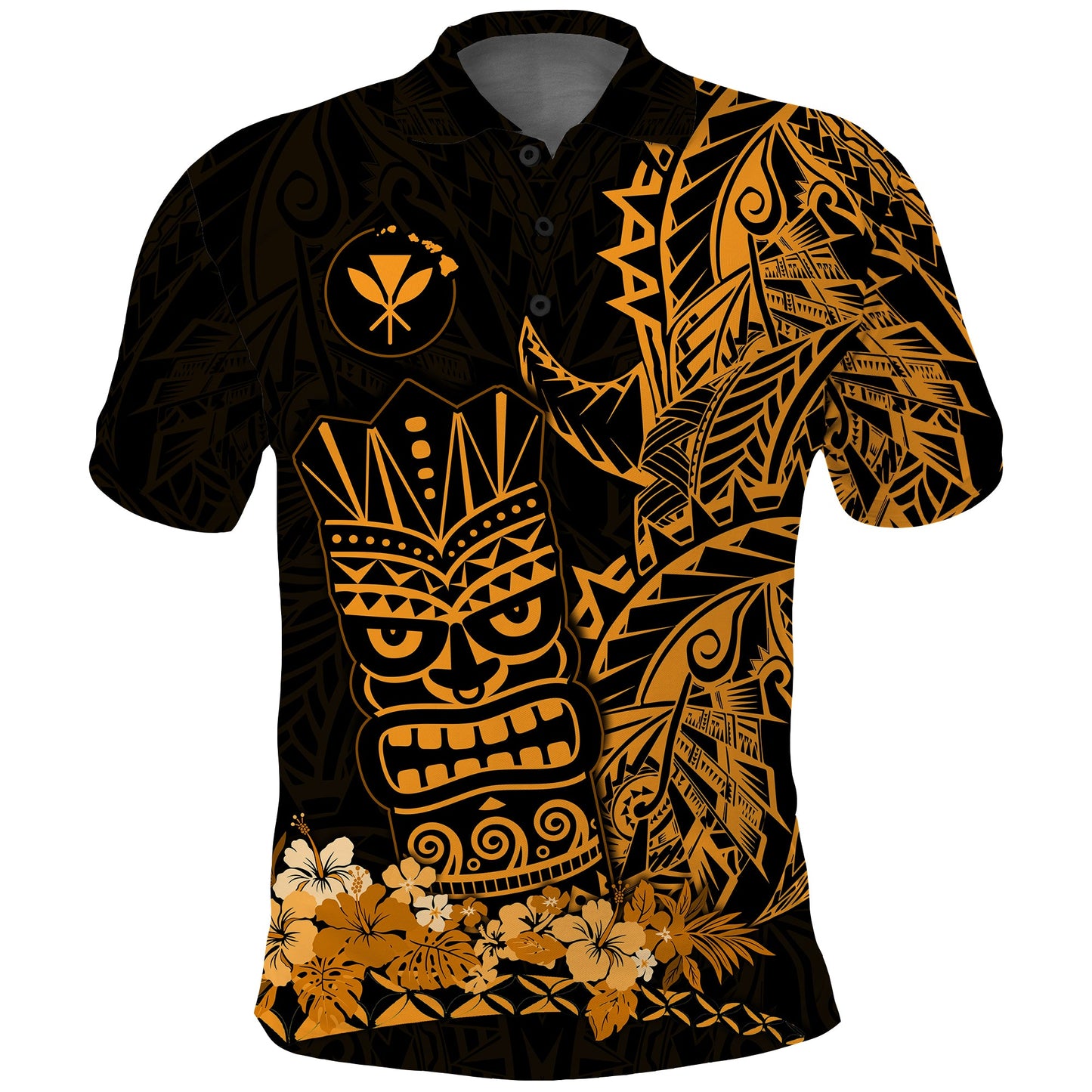 Hawaii Polynesian Polo Shirt Gold Tiki Masks Hawaiian