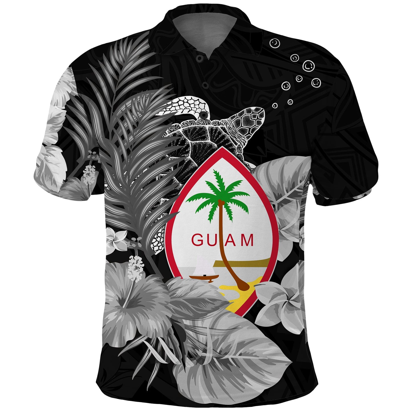 Guam Seal Polo Shirt Polynesian Turtle with Flowers Version White