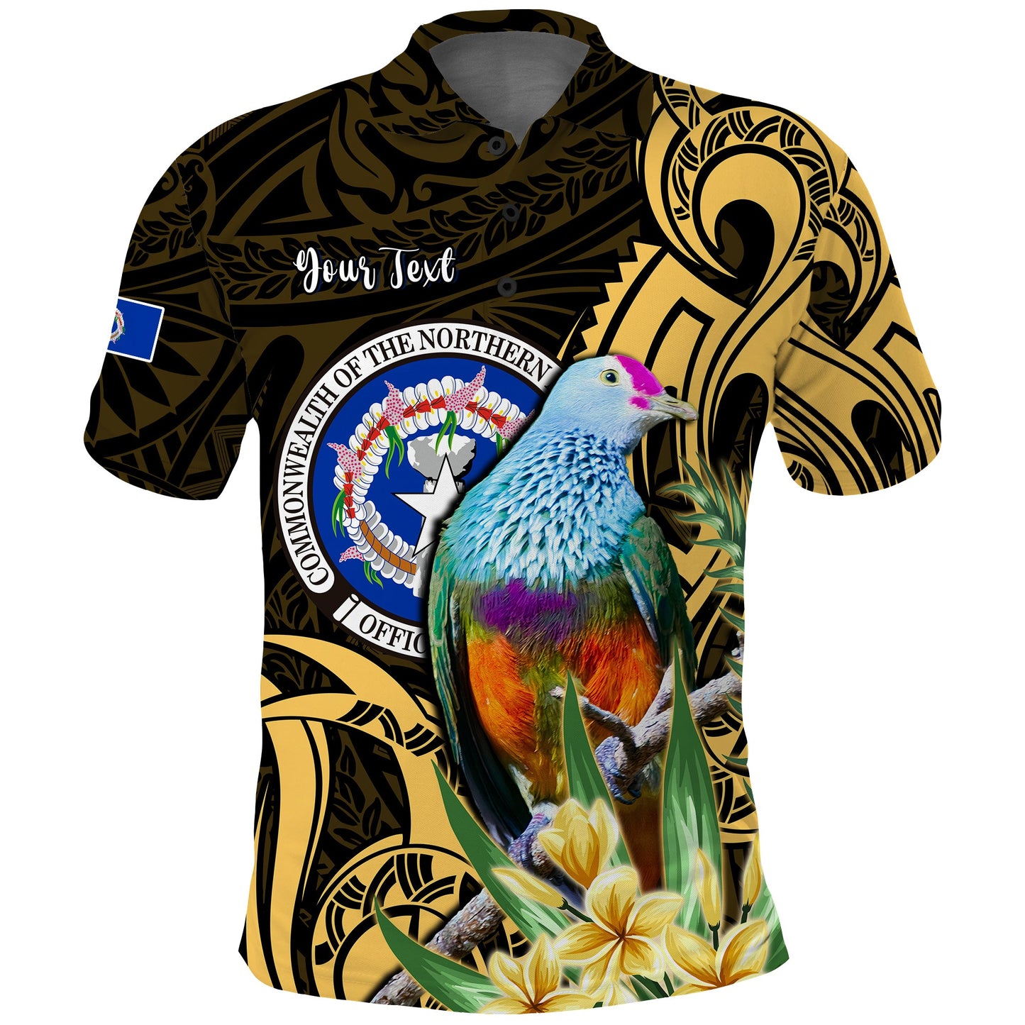 Custom Personalised Northern Mariana Islands Polo Shirt Mariana Fruit Dove Mix Frangipani Flowers Gold