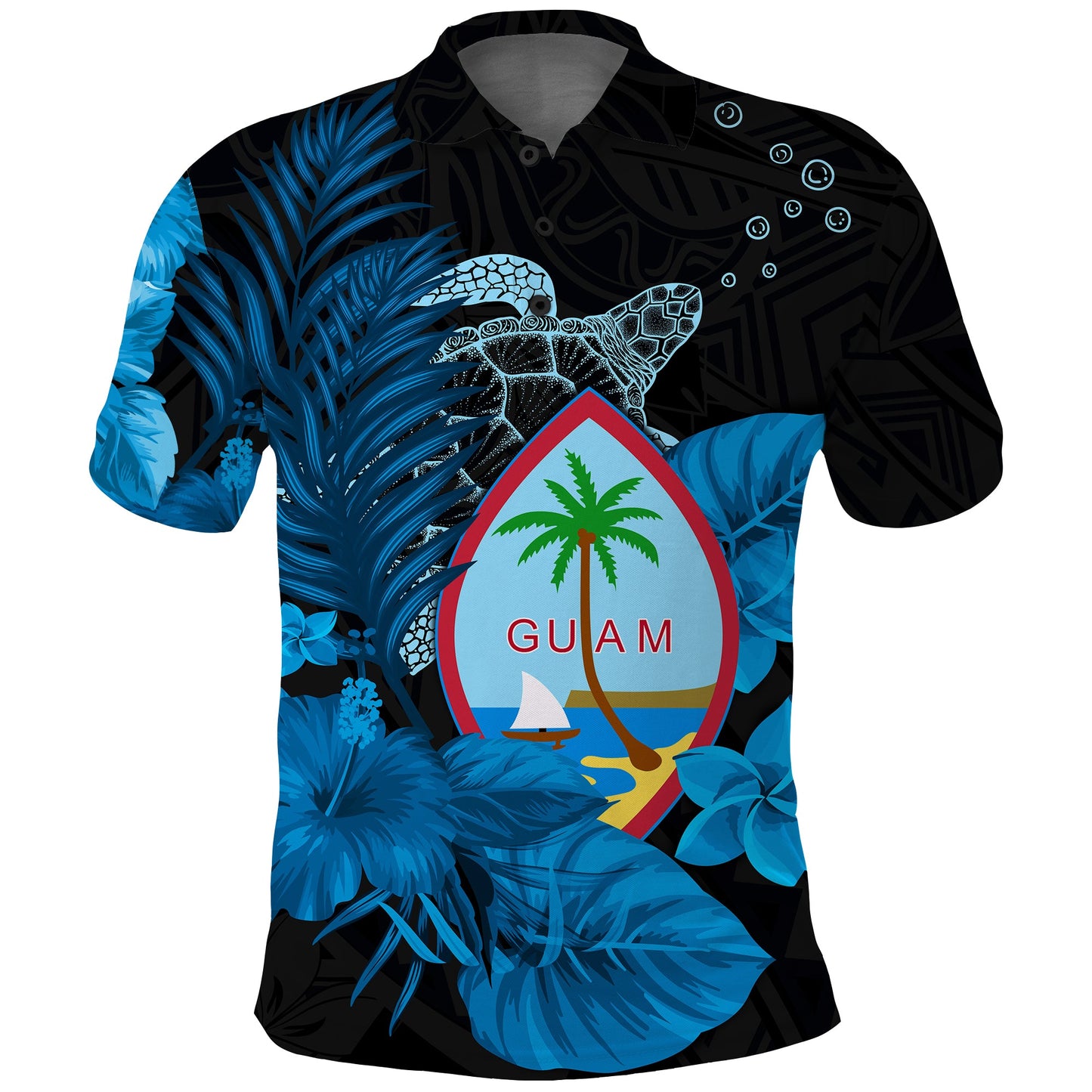 Guam Seal Polo Shirt Polynesian Turtle with Flowers Version Blue