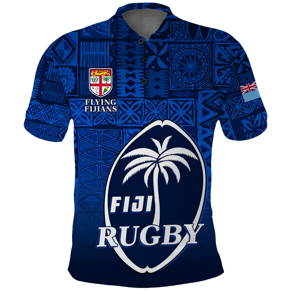 Fiji Rugby Polo Shirt Flying Fijians Blue Tapa Pattern