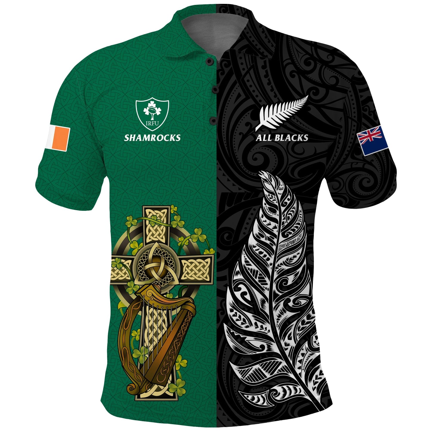 Ireland Shamrock and New Zealand Fern Polo Shirt Rugby Go Shamrock vs All Black NO.1 RLT13