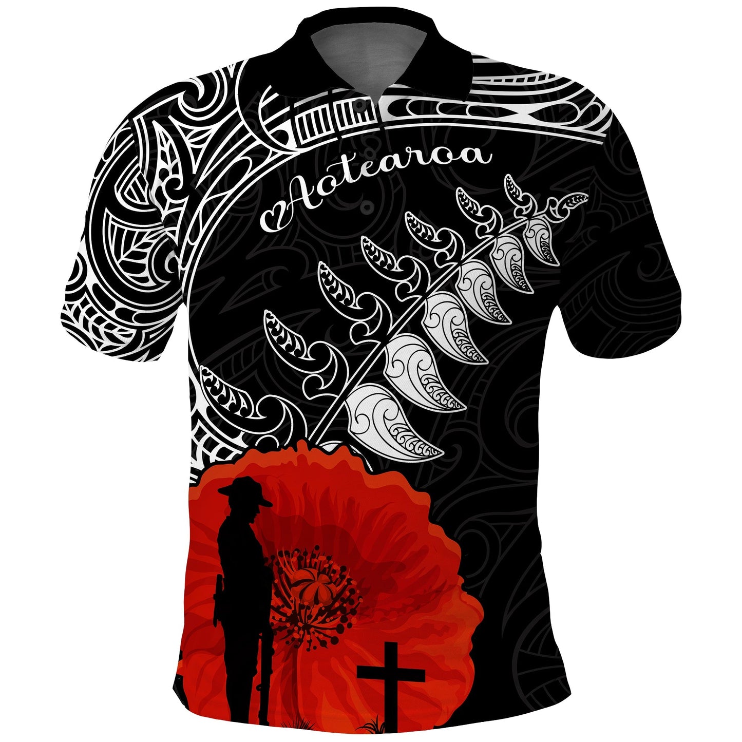 New Zealand Anzac 2022 Polo Shirt Maori Mix Fern Poppy