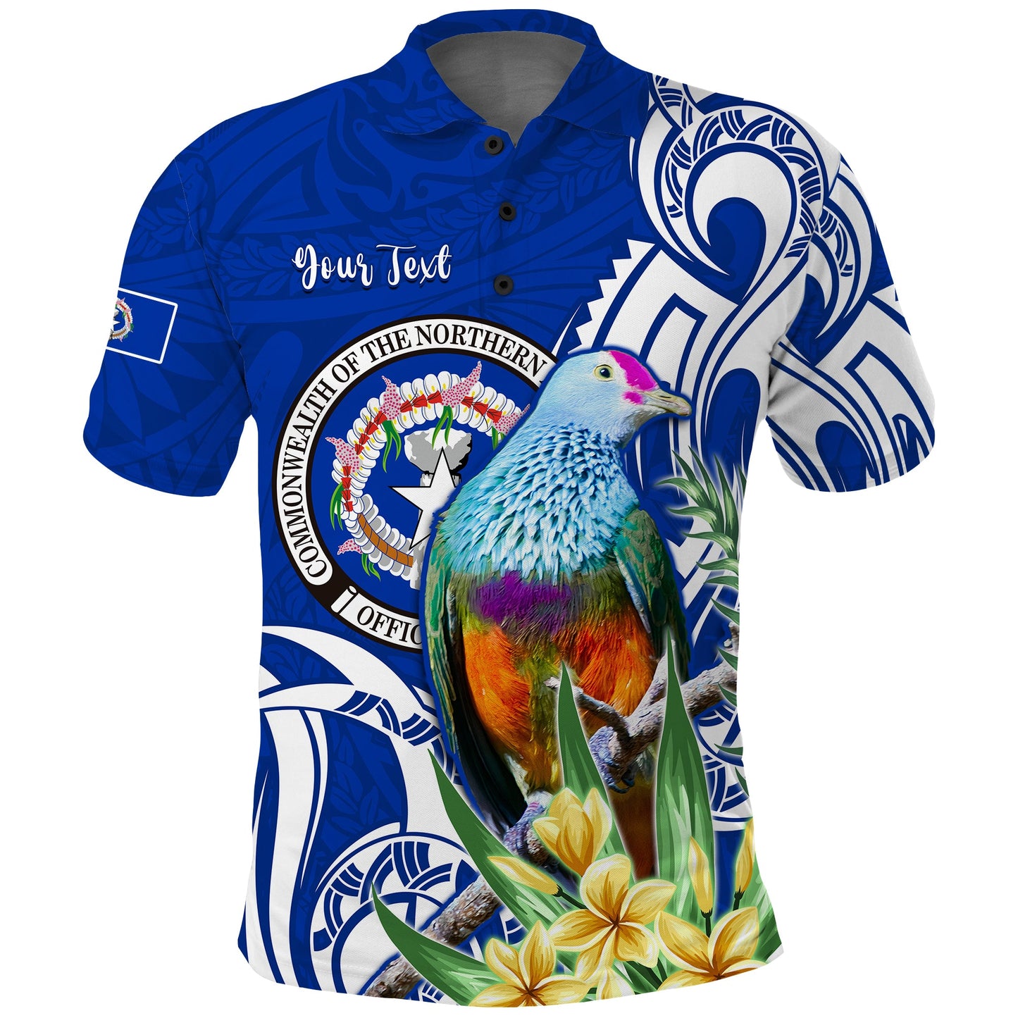 Custom Personalised Northern Mariana Islands Polo Shirt Mariana Fruit Dove Mix Frangipani Flowers