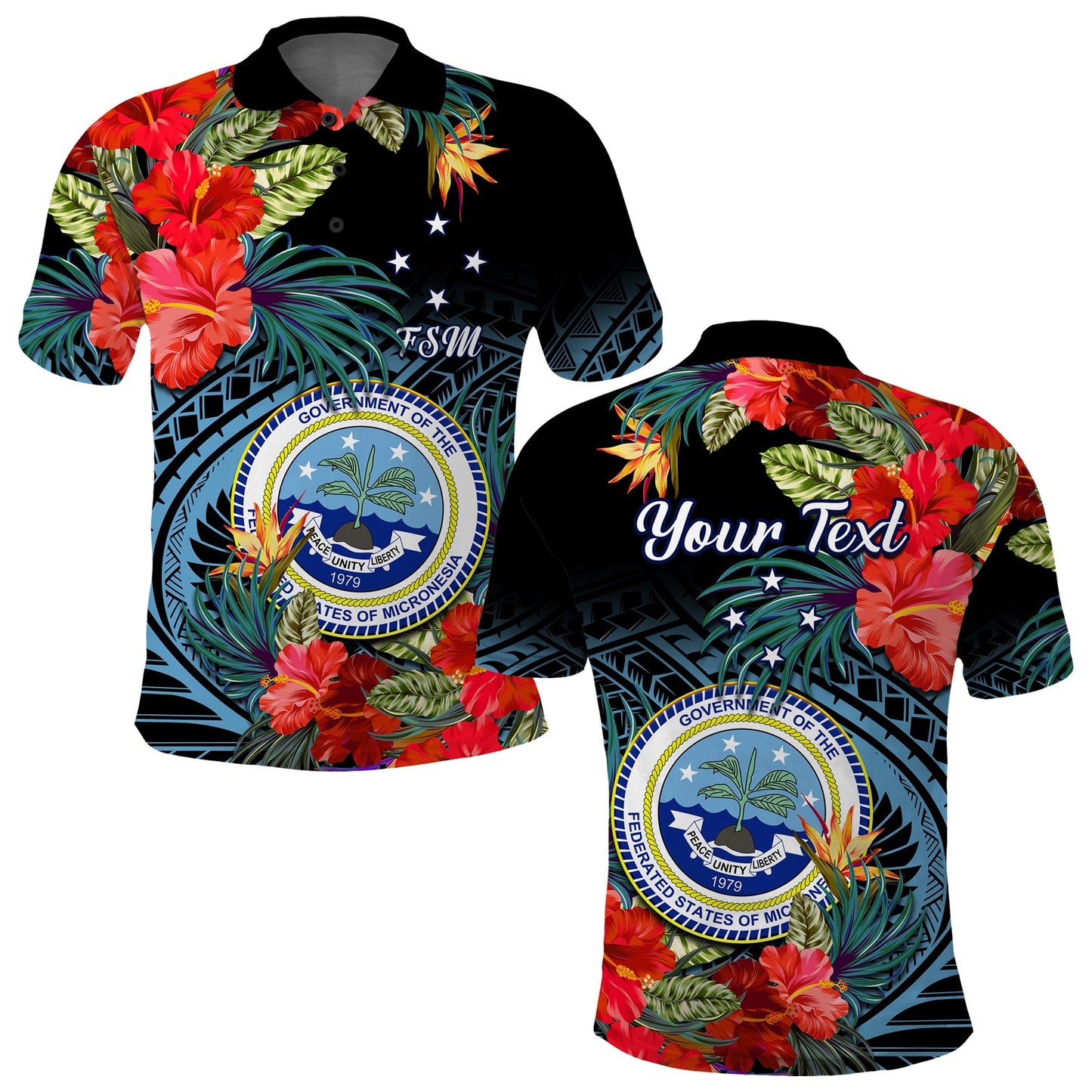 Custom Personalised Federated States of Micronesia Polo Shirt Hibiscus Flowers FSM Seal Polynesian