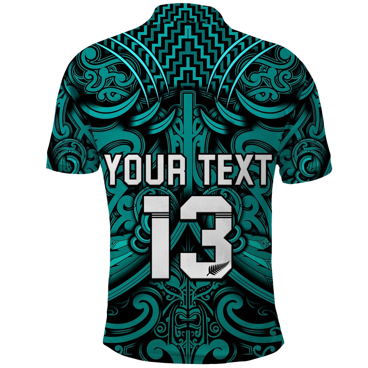 Custom Text and Number New Zealand Silver Fern Rugby Polo Shirt All Black Turquoise NZ Maori Pattern