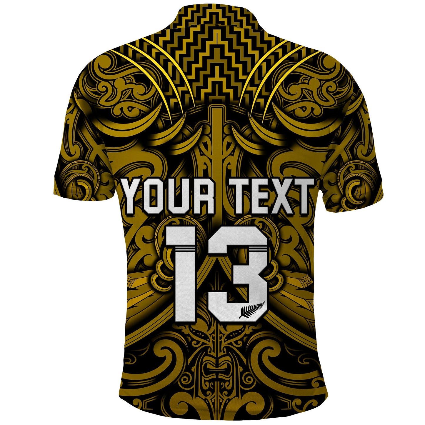 Custom Text and Number New Zealand Silver Fern Rugby Polo Shirt All Black Gold NZ Maori Pattern