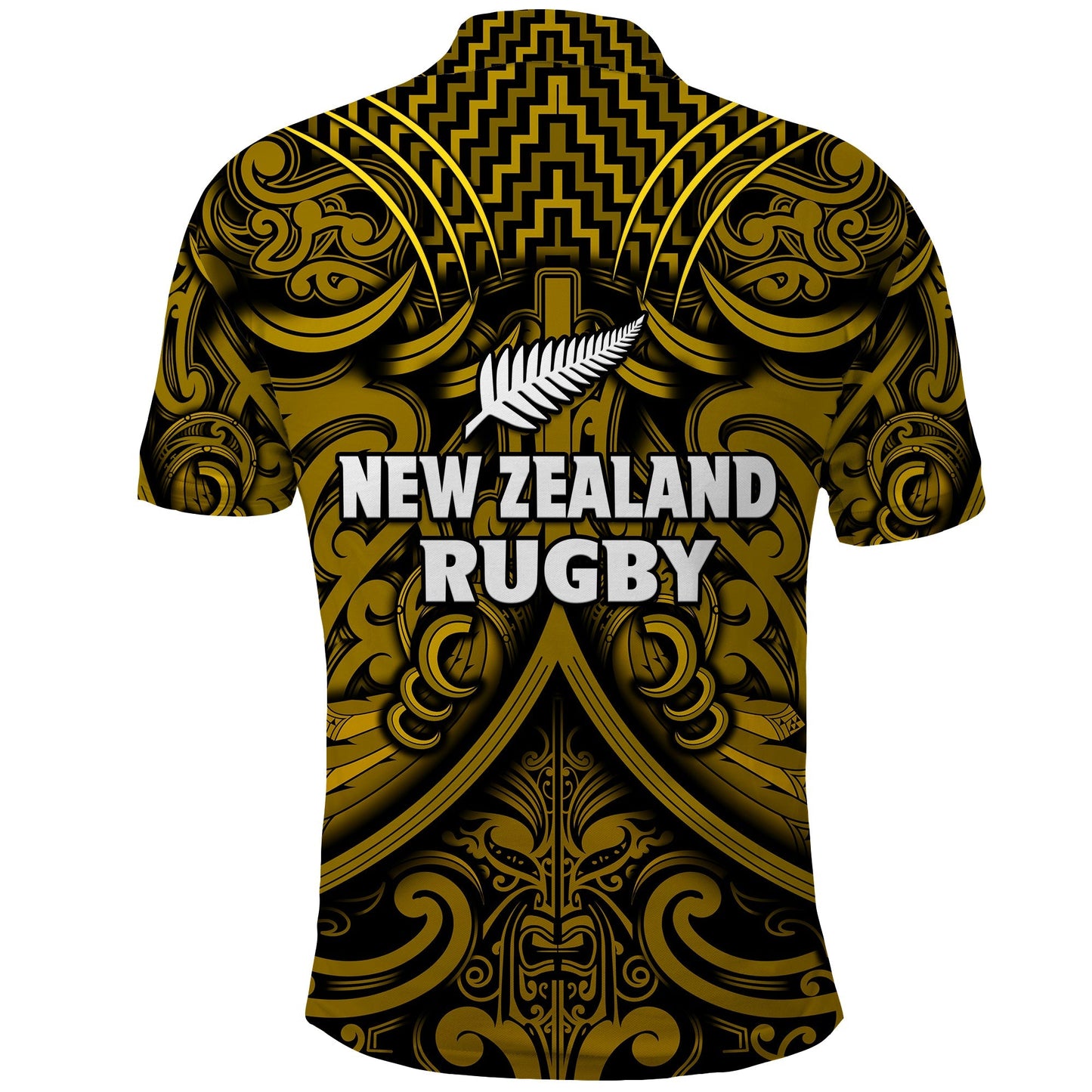 New Zealand Silver Fern Rugby Polo Shirt All Black Gold NZ Maori Pattern