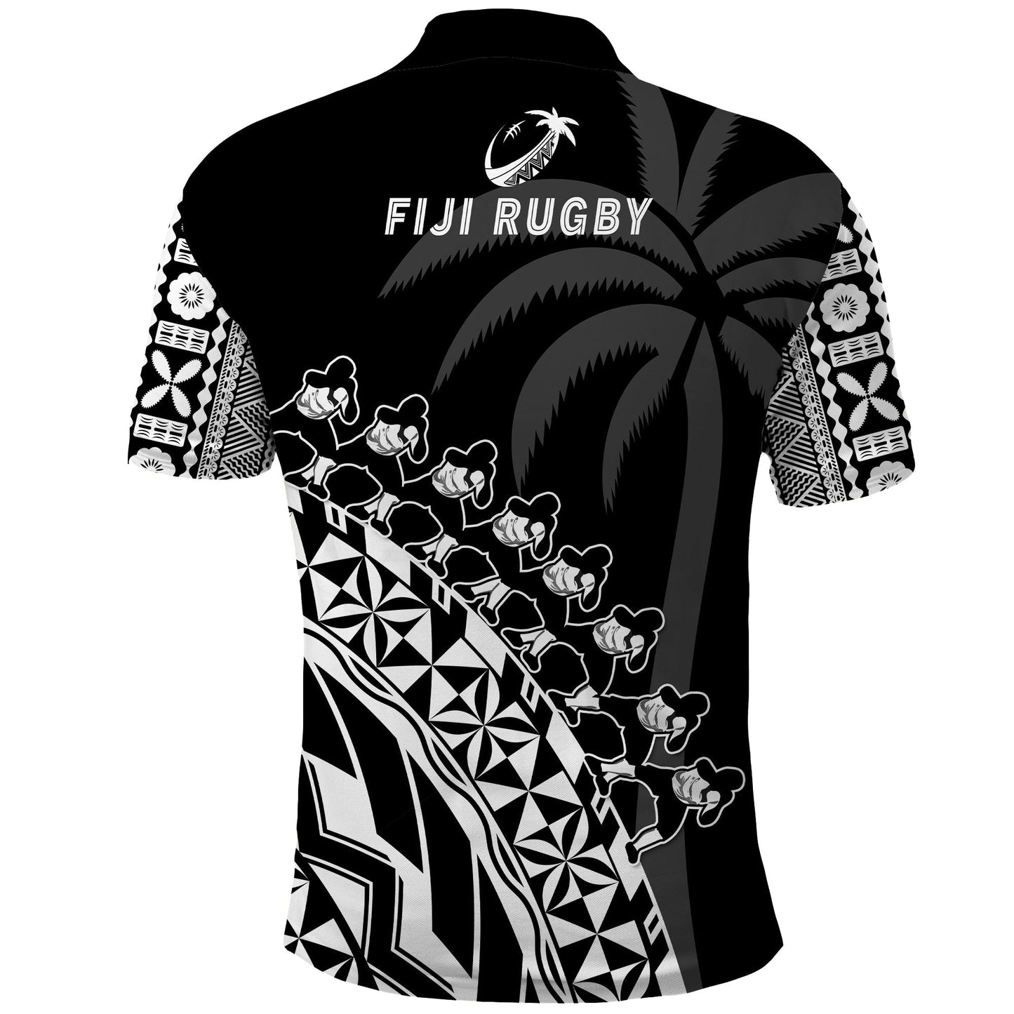 Fiji Rugby Polo Shirt Fijian Cibi Dance Tapa Pattern Black