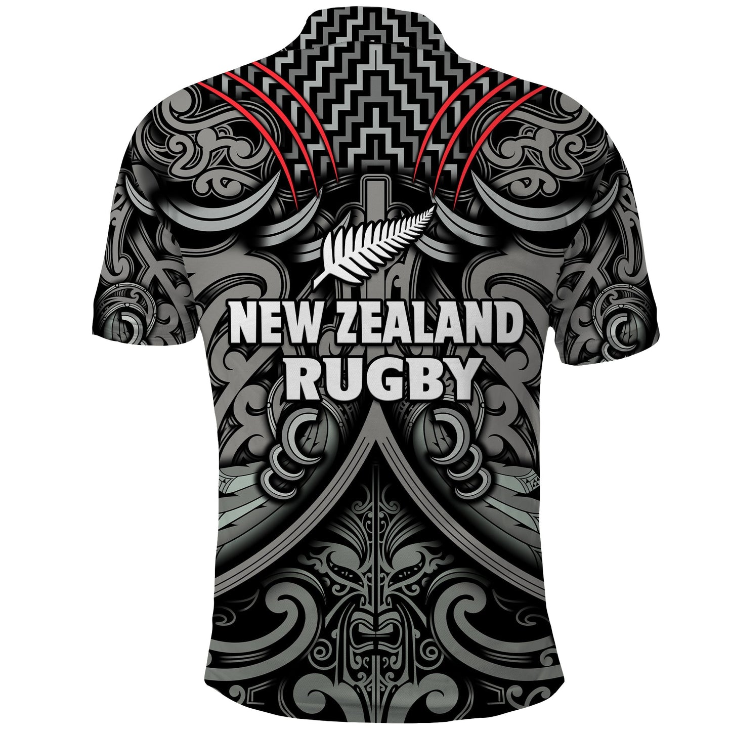 New Zealand Silver Fern Rugby Polo Shirt All Black NZ Maori Pattern