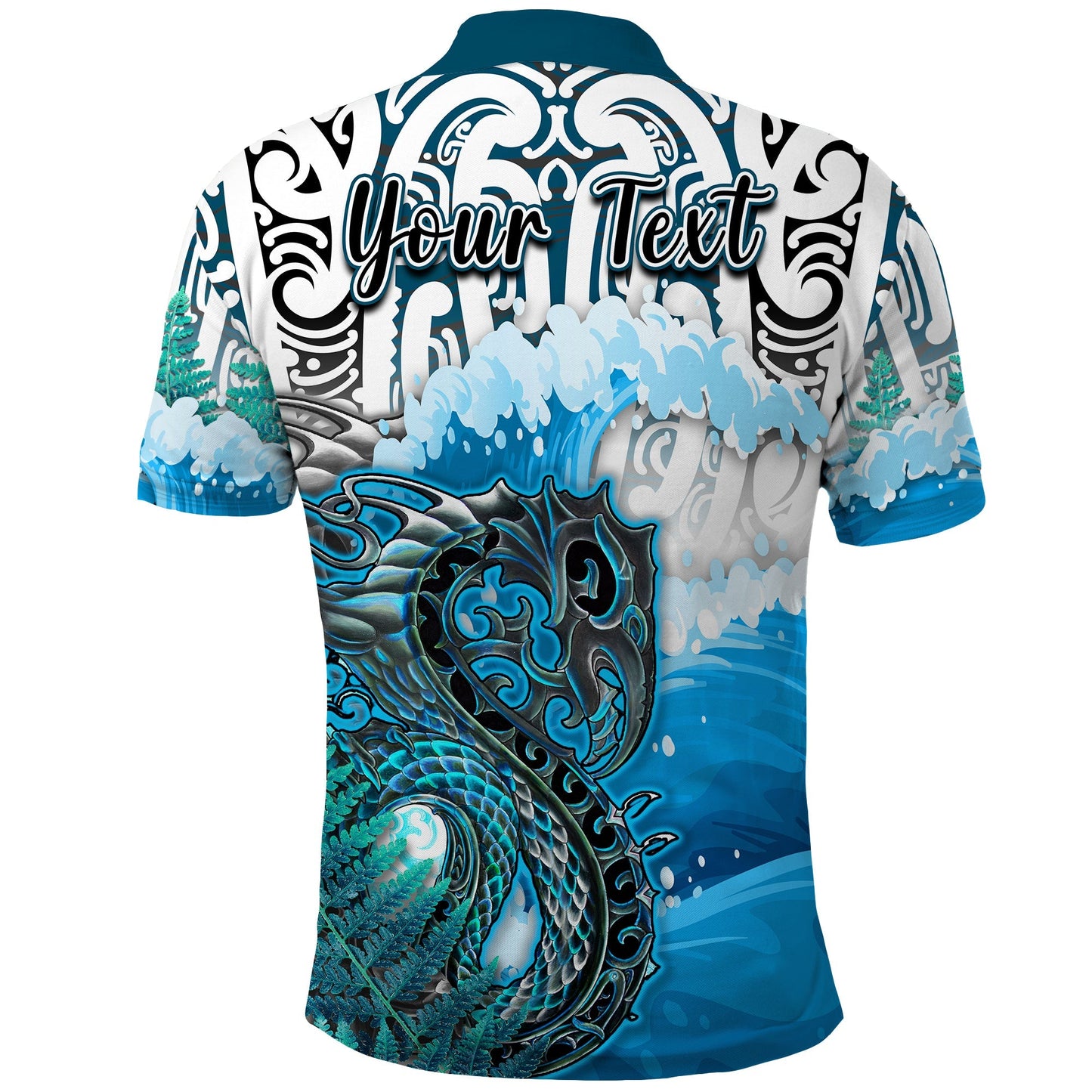 Custom Personalised Manaia Maori Polo Shirt Fern Aotearoa Blue Waves