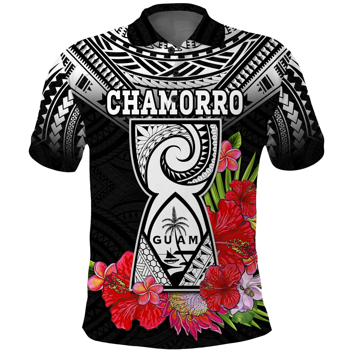 Custom Personalised Guam Chamorro Polo Shirt Guaman Latte Stone Tropical Flowers Black Style
