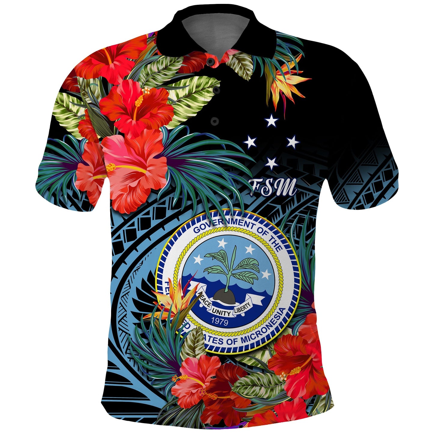 Federated States of Micronesia Polo Shirt Hibiscus Flowers FSM Seal Polynesian