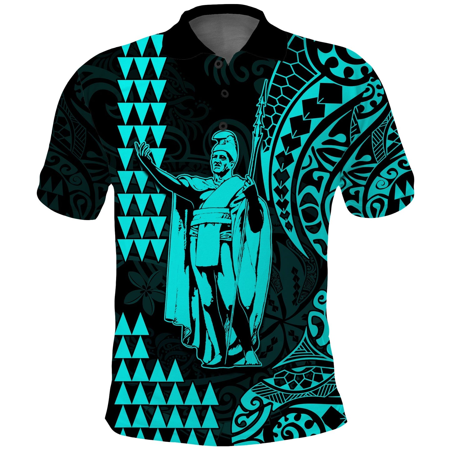 Custom Text and Number Hawaii Day Kakau Polo Shirt Proud To Be Hawaiian Turquoise King Kamehameha and Kanaka Maoli