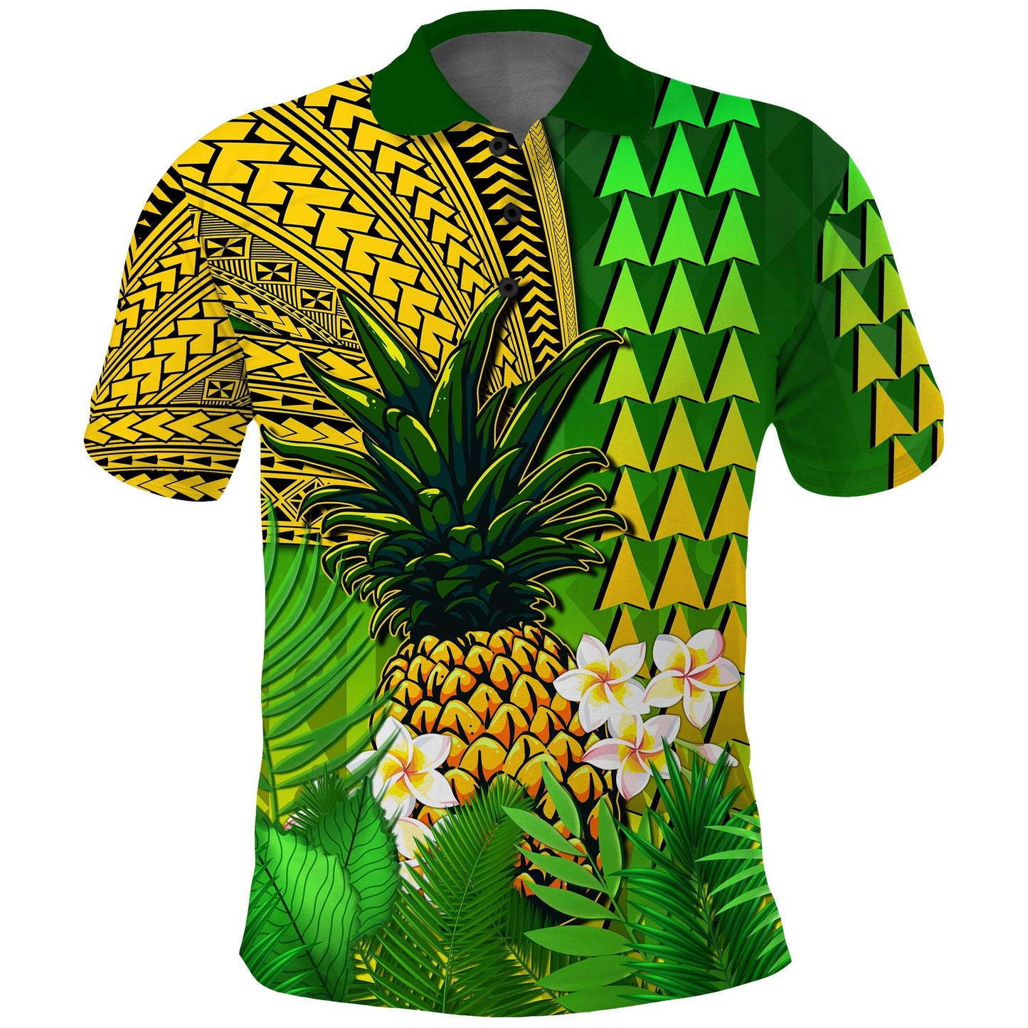 Hawaii Pineapple Polo Shirt Plumeria Frangipani Mix Tribal Pattern