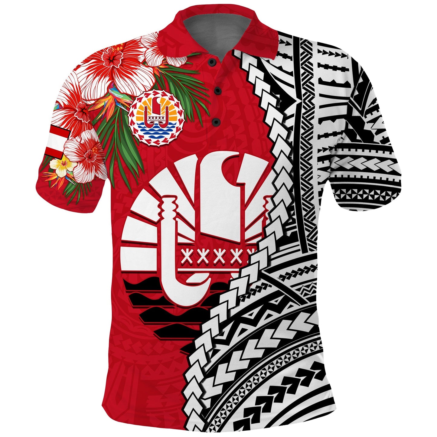 Tahiti Islands Polo Shirt Polynesian Shark Mix Tropical Flowers