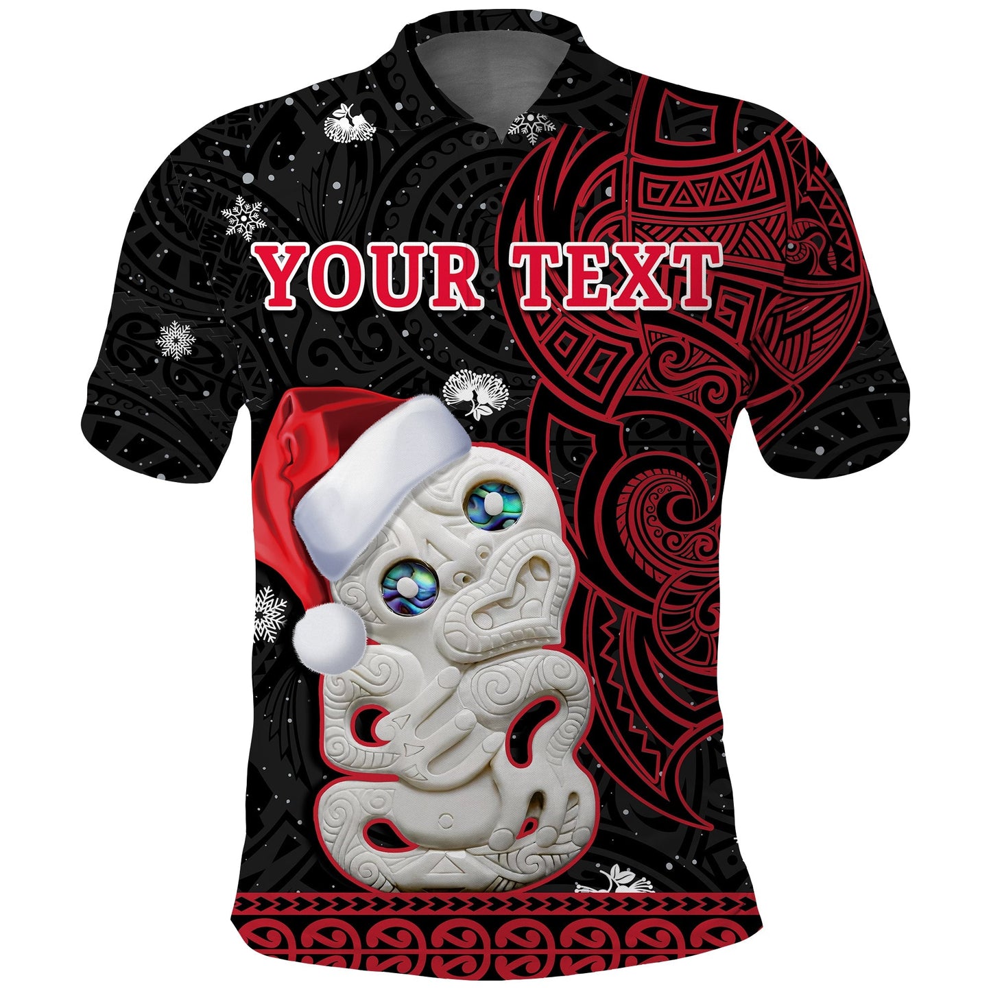 Custom Personalised New Zealand Christmas Polo Shirt Hei Tiki Red Pohutukawa Meri Kirihimete