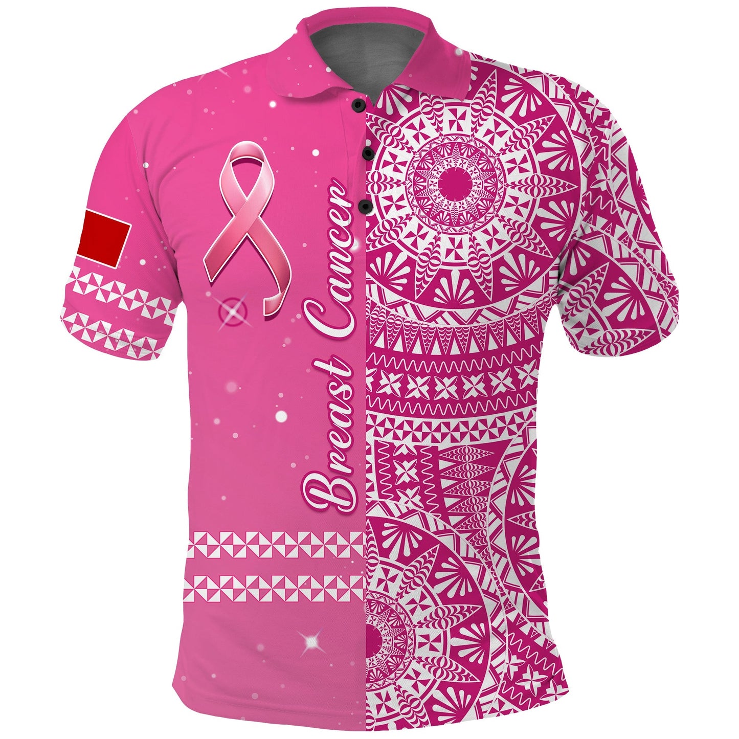 Tonga Breast Cancer Polo Shirt Tongan Ngatu Pattern No One Fights Alone