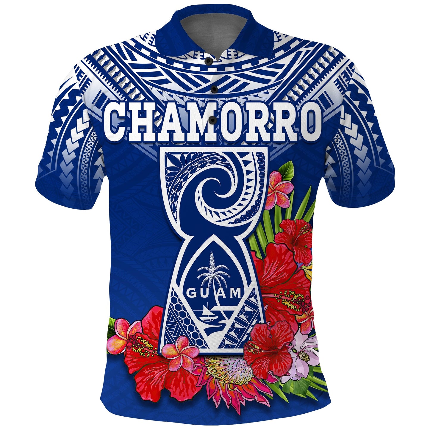 Custom Personalised Guam Chamorro Polo Shirt Guaman Latte Stone Tropical Flowers Blue Version
