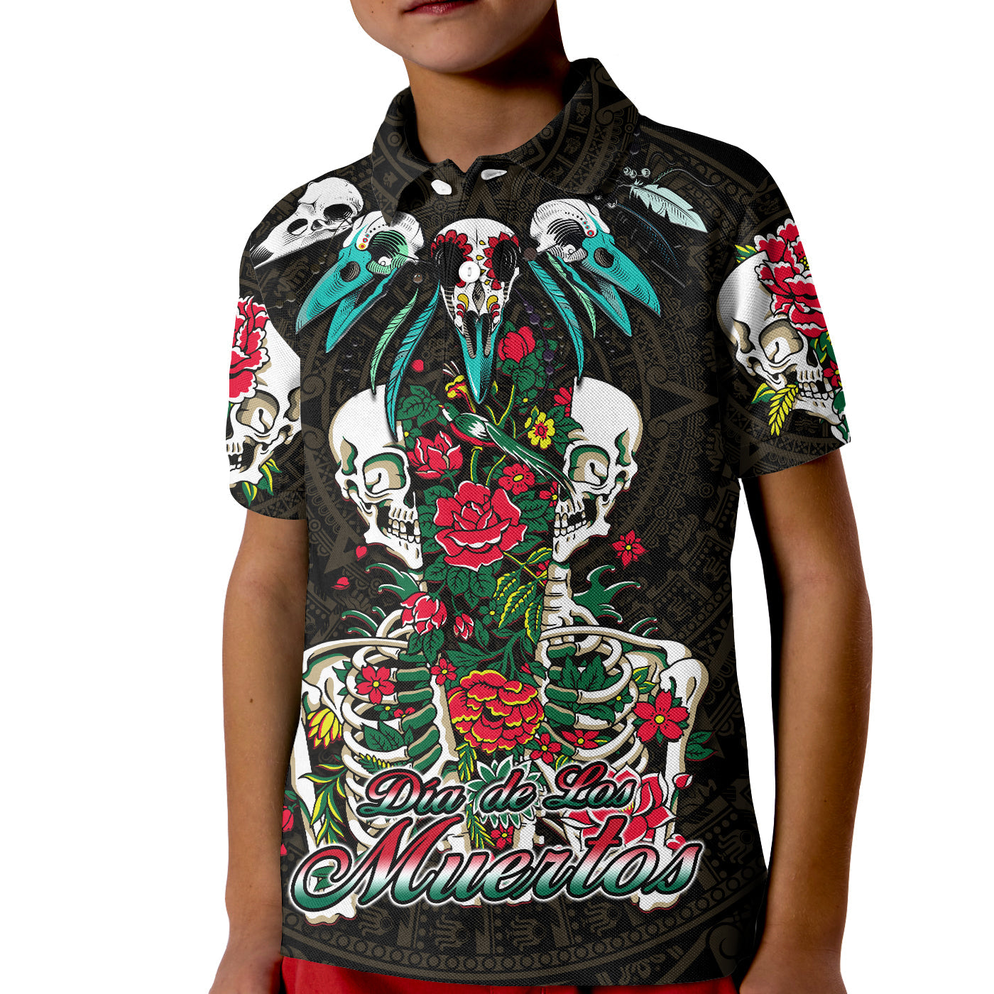 Mexico Polo Shirt Floral Skull Dia De Los Muertos