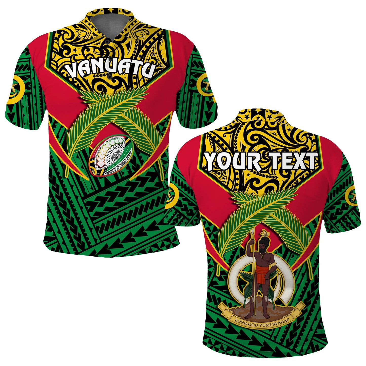 Custom Personalised Vanuatu Rugby Polo Shirt Coat Of Arms Polynesian Pattern