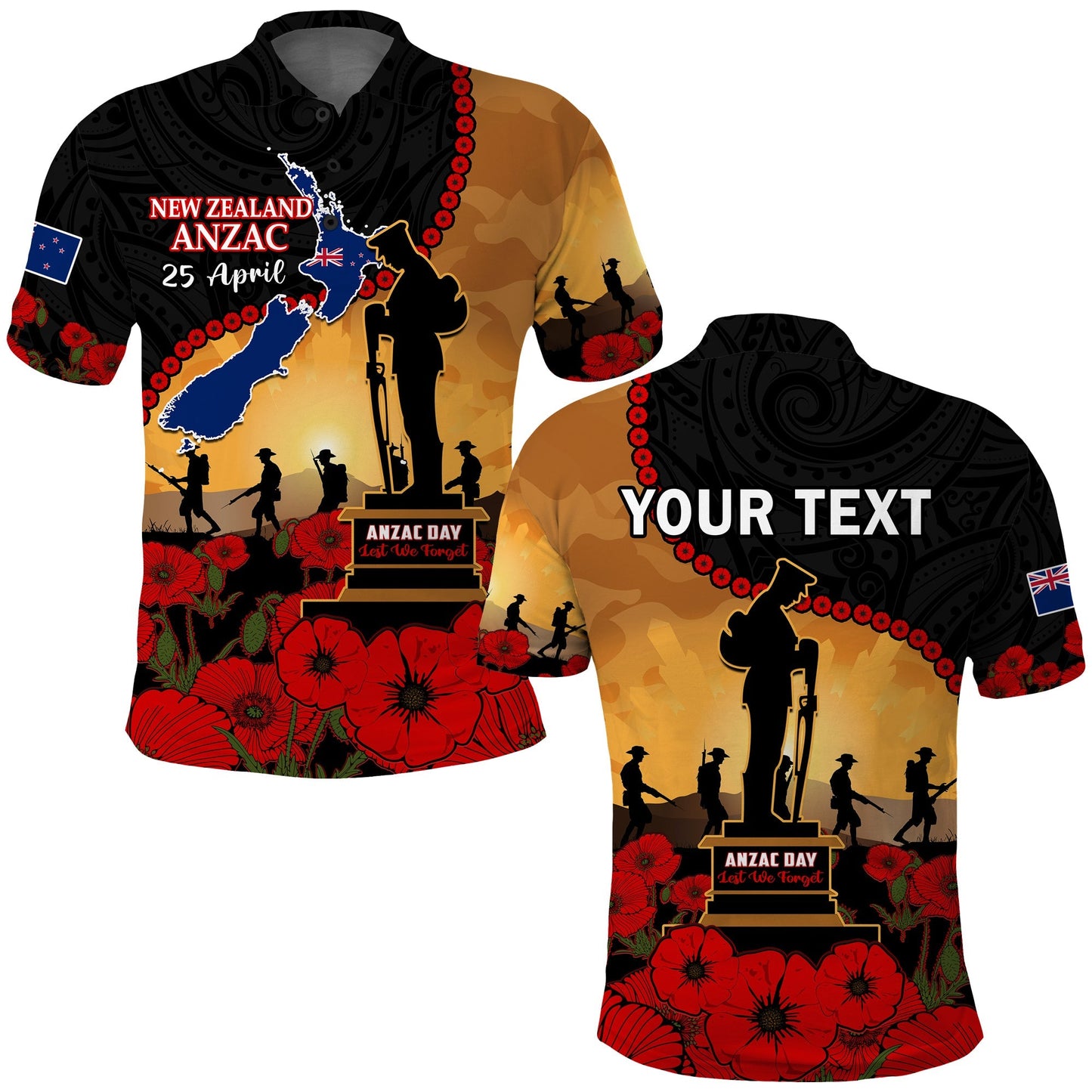 Custom Personalised New Zealand Anzac Polo Shirt Maori Camouflage Mix Poppies We Will Remember Them