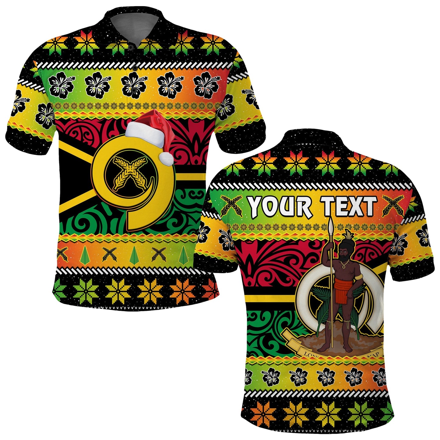 Custom Personalised Vanuatu Christmas Polo Shirt Pig Tusk Polynesian Joyeux Noel Flag Art