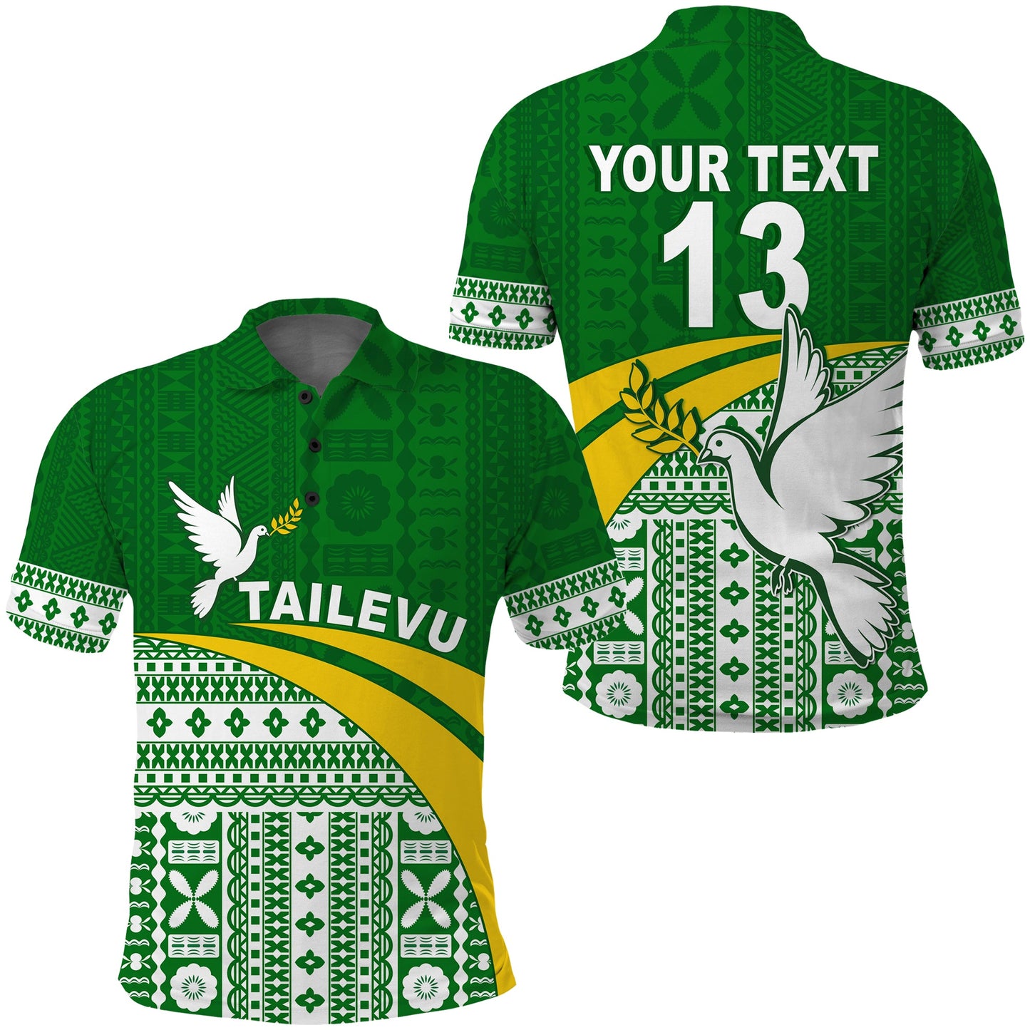 Custom Text and Number Tailevu Rugby Polo Shirt Fiji Rugby Tapa Pattern Green