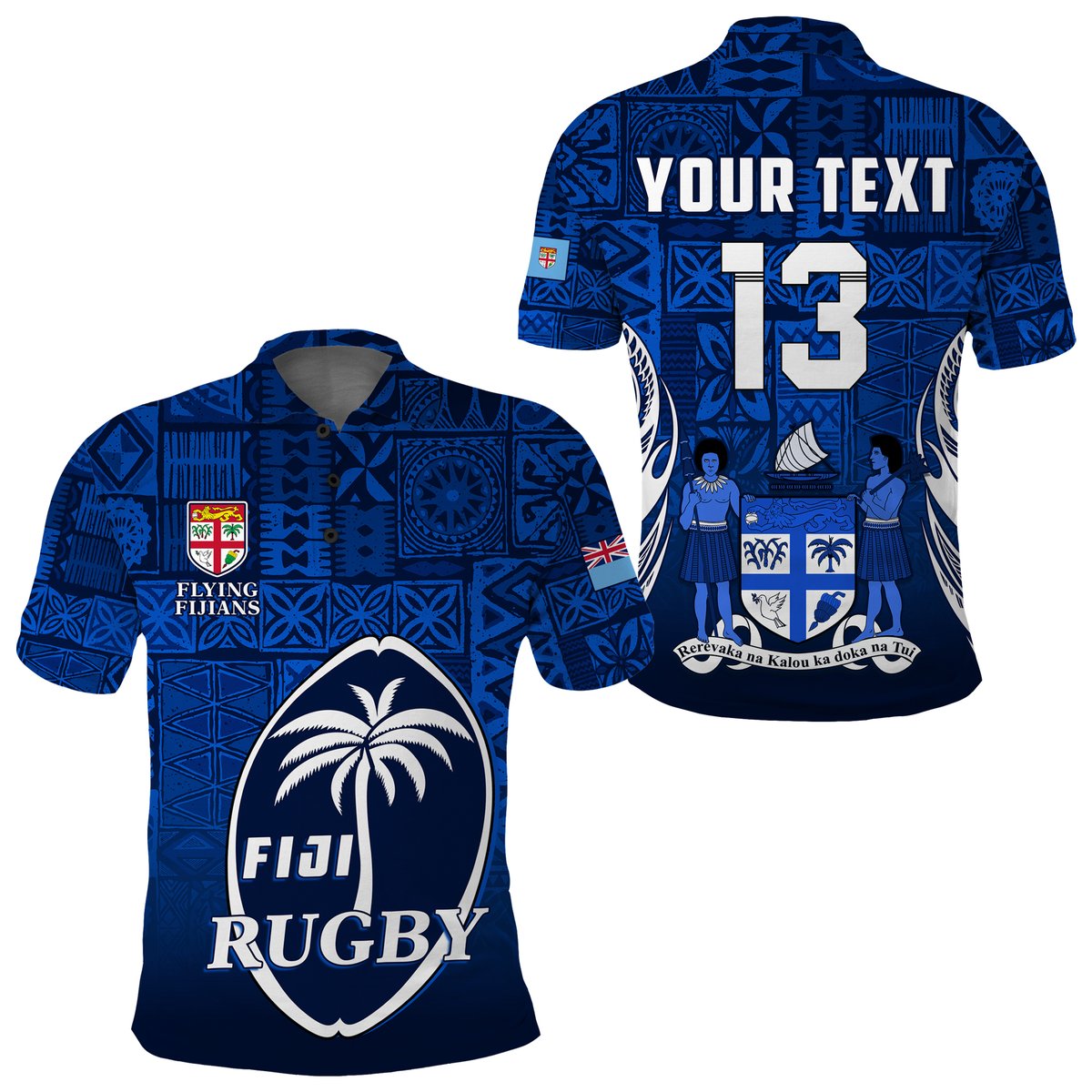 Custom Text and Number Fiji Rugby Polo Shirt Flying Fijians Blue Tapa Pattern