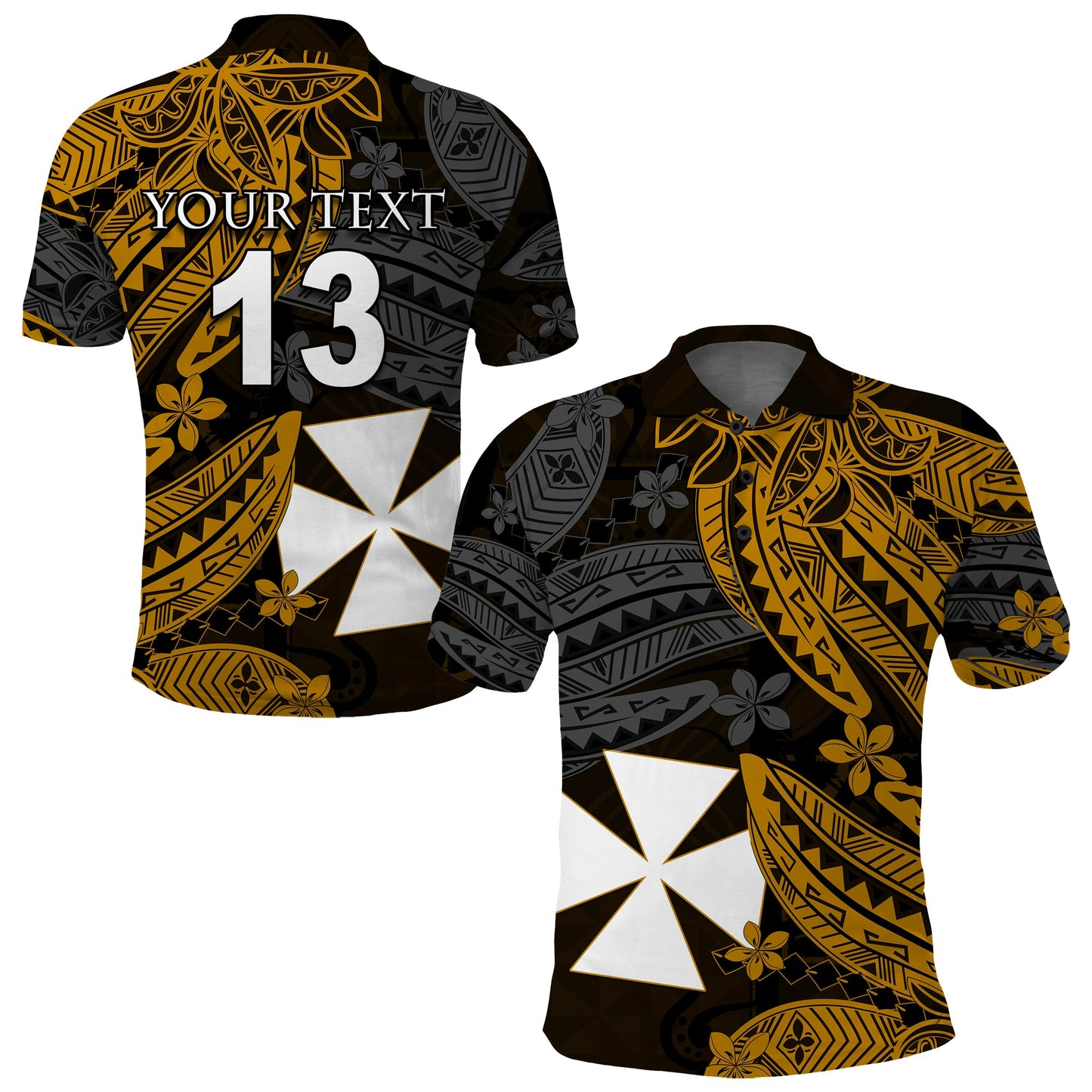 Custom Text and Number Wallis and Futuna Polo Shirt Enjoy Polynesian Flowers Version Gold