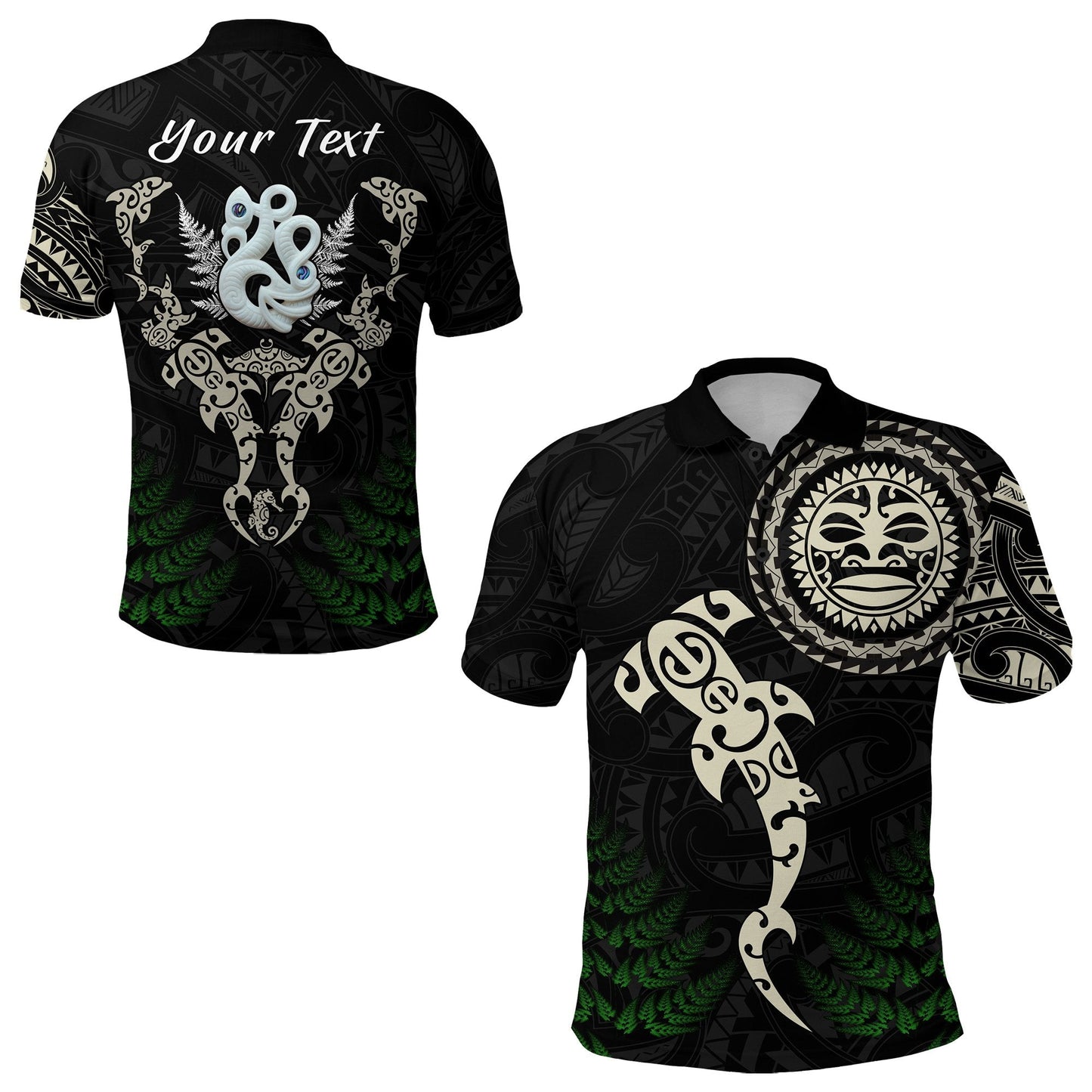 Custom Personalised Aotearoa Fern Polo Shirt Maori Manaia and Fish