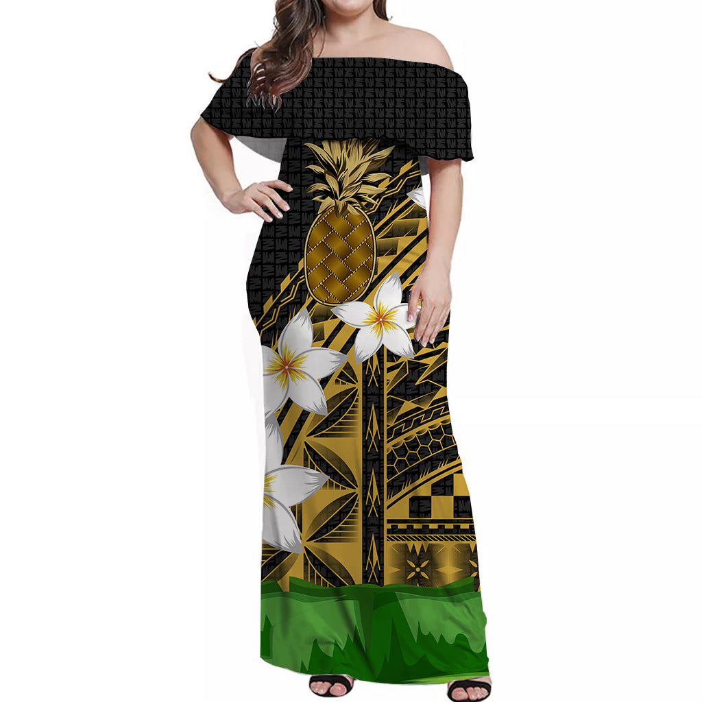 Hawaii Pineapple Off Shoulder Dress Banana Leaf With Plumeria Flowers