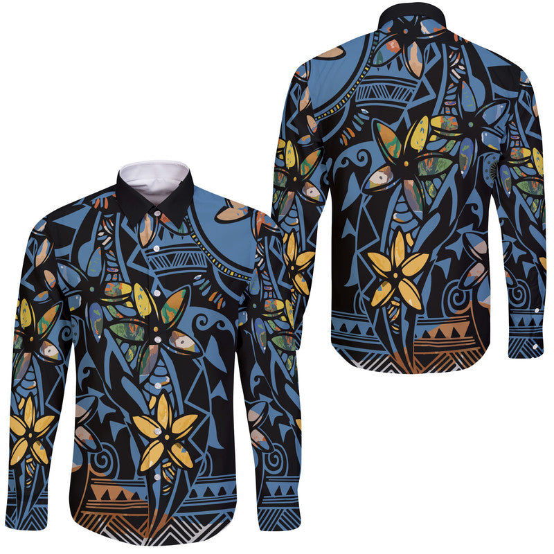 Plumeria Curve Polynesian Hawaii Long Sleeve Button Shirt