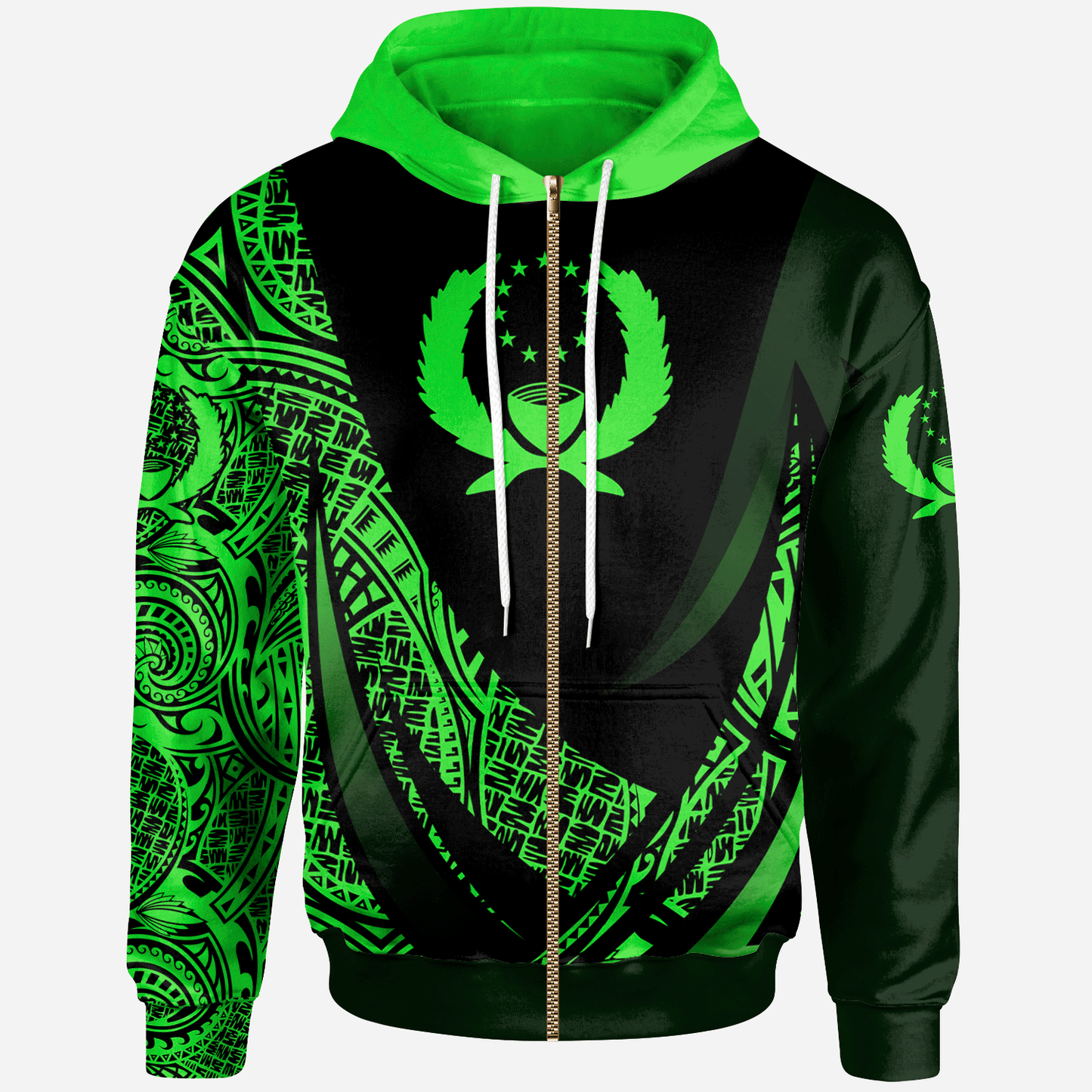 Pohnpei State Zip Hoodie Green Polynesian Patterns Sport Style