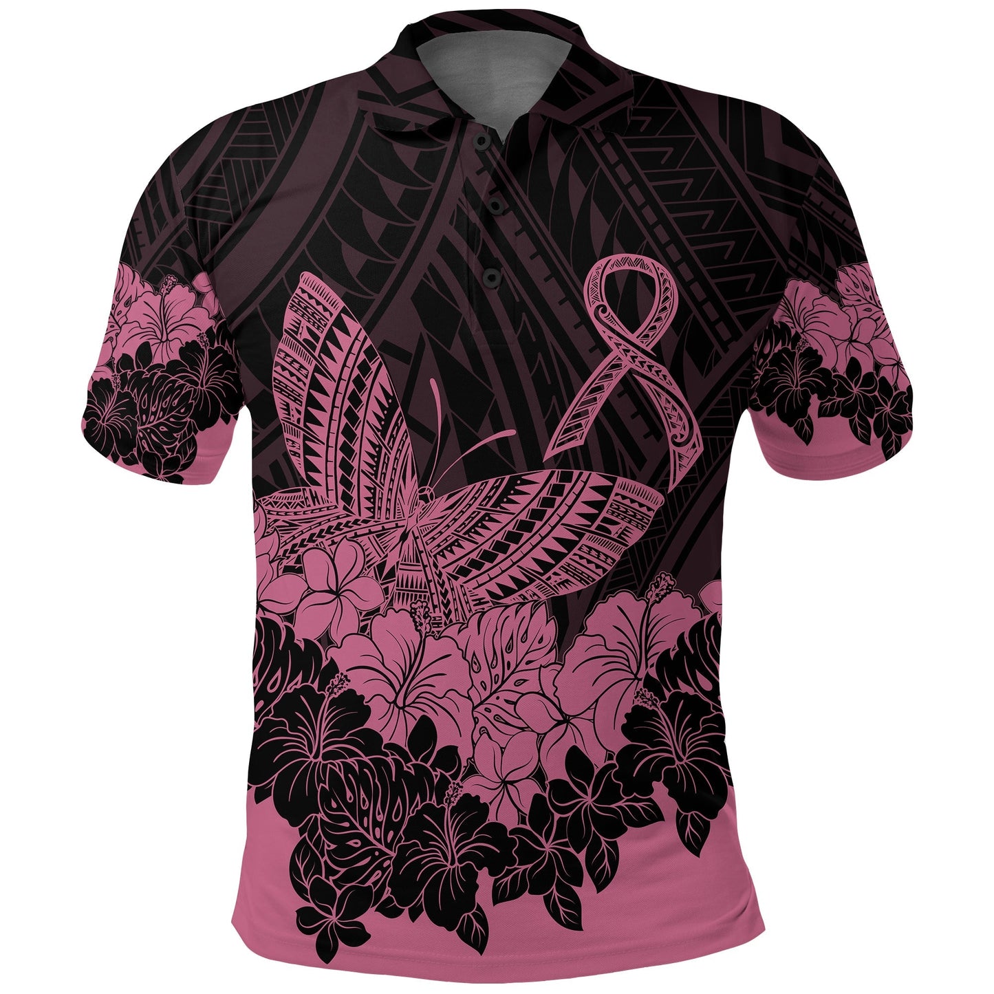Polynesian Breast Cancer Awareness Polo Shirt Floral Butterfly