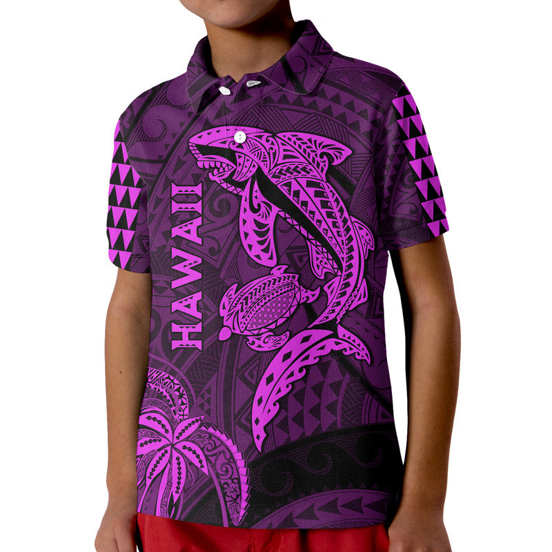 Hawaii Polo Shirt Shark and Turtle Mix Kakau Purple