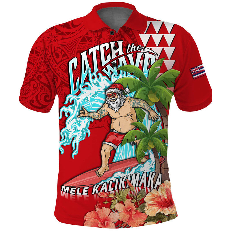Hawaii Mele Kalikimaka Polo Shirt Santa Claus Surfing Xmas Time